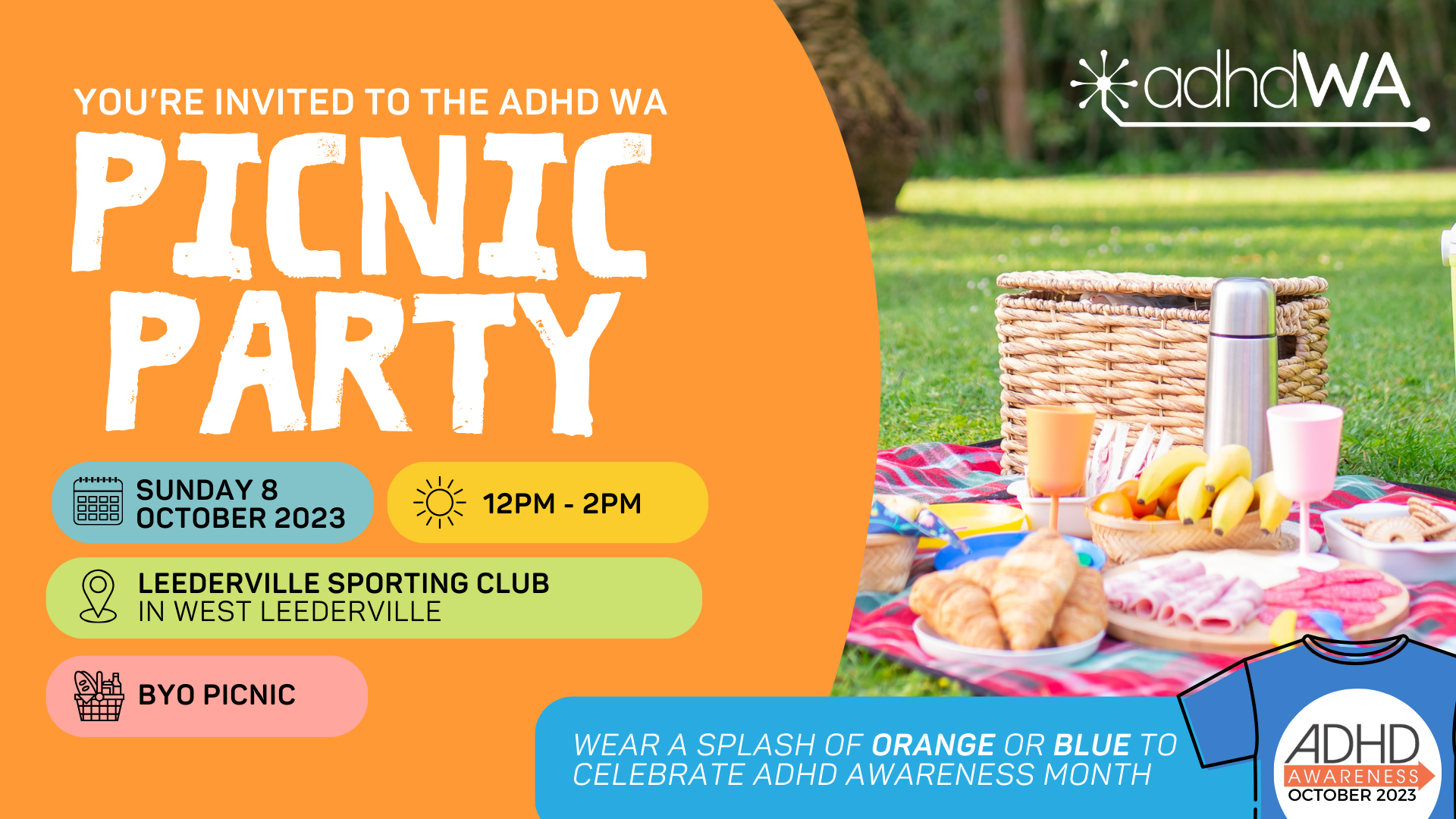 Invitation banner to the Picnic Party. Image of picnic spread and text listing the event details.